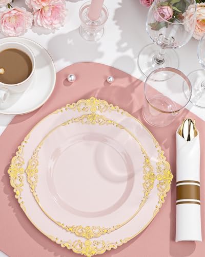Nervure 700Pcs Pink Plastic Plates, Plastic Dinnerware Set for 100 Guests