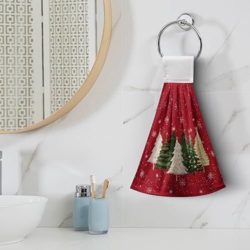 Red Christmas Tree Kitchen Hanging Towels Xmas Trees Snowflakes Hand Towels with Hanging Loop Winter Holiday Farmhouse Dish Washcloths Soft Absorbent Fingertip Bath Tie Towel Set of 2