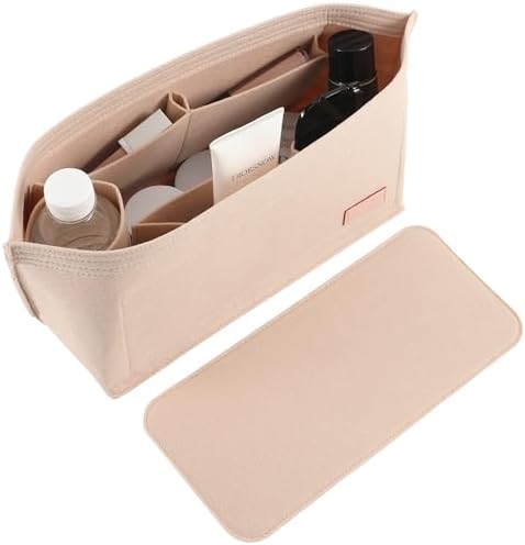 Doxo Purse Organizer Insert for Handbags & Base Shaper 2pc Set, Felt Neverfull PM Organizer Insert, Tote Bag Organizer with Zipper Pocket and Bottle Holder, Fit Neverfull PM and More, Beige-M