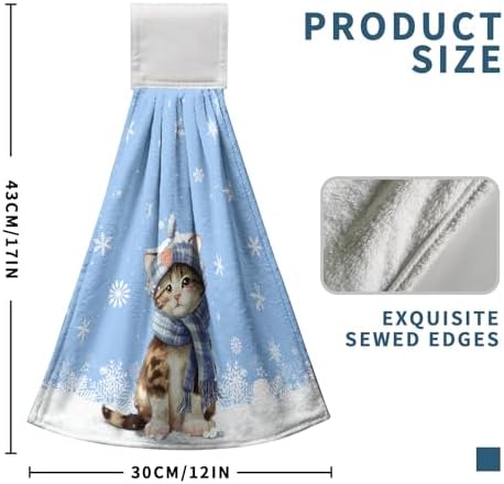 Winter Funny Cat Hanging Kitchen Towels Set of 2 Winter Snowflakes Hand Towel with Hanging Loop Cute Cat with Scarf Hanging Tie Towel Soft Absorbent Blue Dish Tea Towels for Bathroom 12x17 Inch