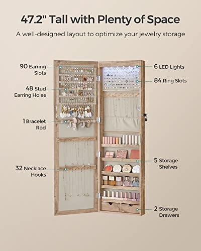 SONGMICS 6 LEDs Mirror Jewelry Cabinet, 47.2-Inch Tall, Lockable