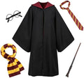Unisex Wizard Robe, Cosplay Halloween Costume Set with Wand, Glasses, Scarf and Tie