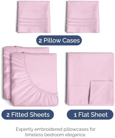 Split King Size 5 Piece Sheet Set - Comfy Breathable & Cooling - Light Pink