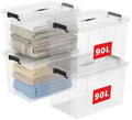 Cetomo Lidded Storage Bin with Handle, Storage Bins with Lid, Organizing Container with Secure Latching Buckles, Stackable and Nestable, Plastic, 95 Quart-4 Pack, Clear