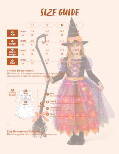 Spooktacular Creations Witch Costume Kids, Light Up Halloween Costumes Witch Dress with Hat and Broom for Girls, Sweet Wizard Set for Toddler Scary Halloween Themed Parties, Orange, S