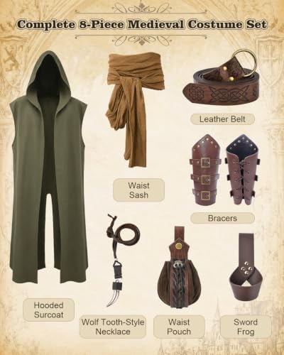 NTYNTY 8 Pcs Mens Renaissance Costume Set Medieval Outfit with Hooded Surcoat Belt Pouch Bracers for Halloween LARP Ren Faire