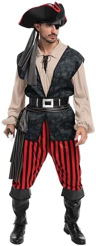 Spooktacular Creations Men Pirate Costume, Adult Pirate Shirt Vest Viking Pants Hat Set for Halloween Themed Parties