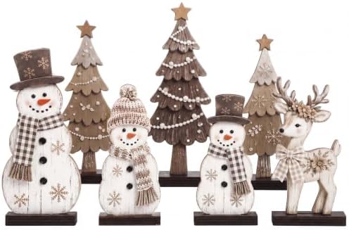 7 Pcs Christmas Table Decor Wooden Snowman Tree Deer Decor, Brown