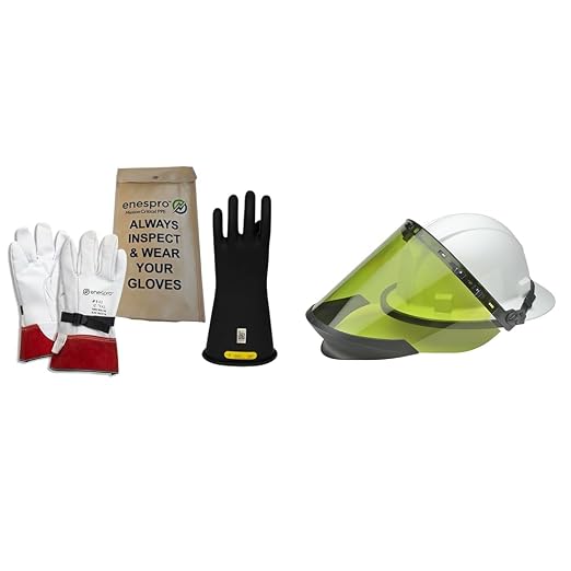 Enespro Class 2 Black Rubber Voltage Insulating Glove Kit with Leather Protectors and Delta Plus Flash-Pro Basic Head-Face Arc Protection Kit