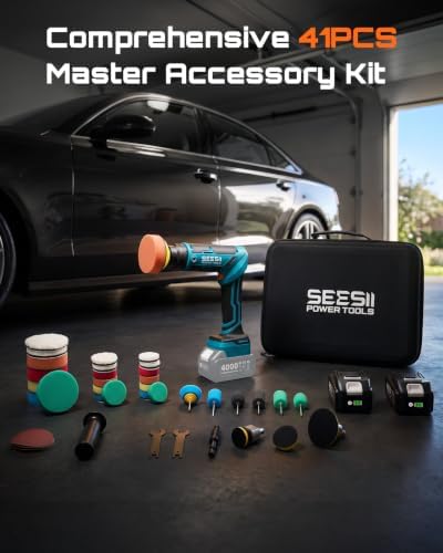 Seesii 21V Cordless Mini Car Polisher, 2-in-1 Dual Head Portable Polishing Machine with LCD 6 Speed & 2x4000mAh Batteries, Compatible with 1.5/2/3 Inch Replaceable Pads for Auto Detailing, Polishing