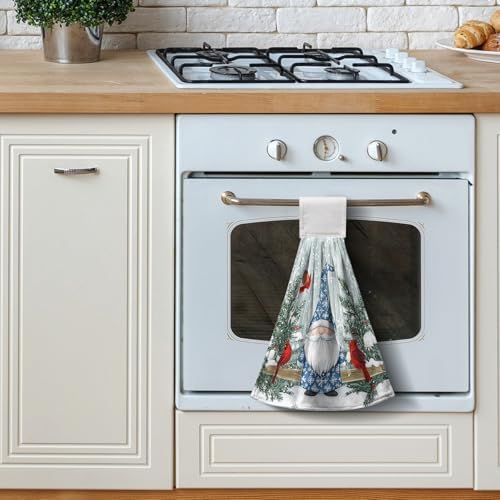 Winter Gnome Kitchen Hanging Towels Set of 2 Xmas Snowflake Pine Tree Cardinal Hand Towels with Hanging Loops Tea Bar Dish Cloths Dry Towel Soft Absorbent Bath Tie Towel for Bathroom