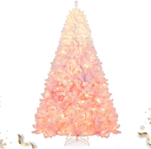 HAPPYGRILL 8 FT Pre-lit Flocked Christmas Tree Pink Hinged Xmas Tree with 1774 Branch Tips, 470 Warm White LED Lights & Folding Metal Stand, for Home Office Carnival