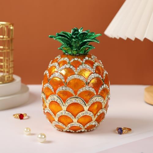 Lucky Pineapple Trinket Boxes Hinged Hand-Painted Jewelry Box with Rhinestones Enamel Fruit Style Ornament Christmas Gift for Women(Brown)