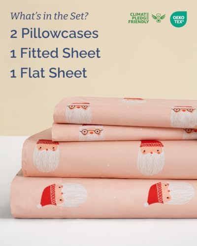 Christmas Sheet Set, Blush Santas, Holiday Xmas Bedding Set - Full Size