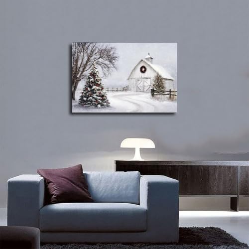 JDBeehpy Winter White Barn Christmas Tree Canvas Wall Art Framed 8x12inch