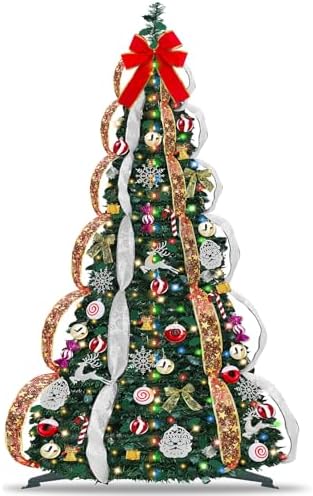 6 FT Prelit Pop Up Christmas Tree with 200 Warm White & Multicolor Lights 8 Modes & Timer Fully Decorated 103 Ornaments, Collapsible Pull Up Christmas Tree with Lights for Indoor Home Party Decor