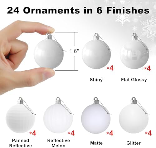 White 1.6" Small Christmas Balls Christmas Tree Decoration Ornaments Shatterproof Hanging Balls for Birthday Halloween Holiday Wedding Decorations Set of 24pcs