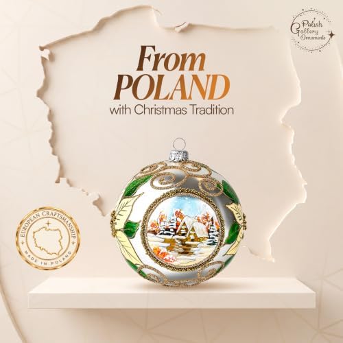 Polish Hand Blown Glass Christmas Ornaments Ball, Wintry Poinsettia 5 in