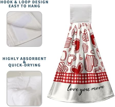 Valentines Day Hanging Kitchen Towels Set of 2 Valentine Red Heart Buffalo Plaid Hand Towels with Hanging Loops Seasonal Sweet Holiday Fingertip Oven Towels hanging Soft Absorbent Bar Tie Towel