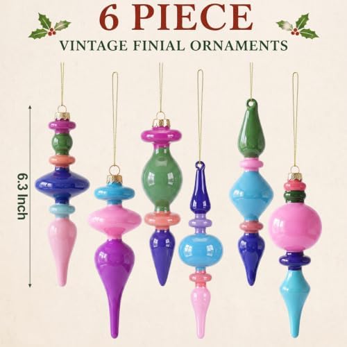 Soulchen 6 Pcs Vintage Glass Finial Christmas Ornaments Retro 6-6.8 Inch