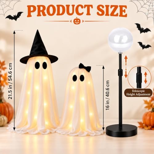 2 Pack Lighted Halloween Ghost Decorations Indoor Outdoor, Cute Glowing Freestanding Ghosts with Telescopic Stand, Witch Hat & Bow, 8 Modes Battery Operated Light Up Spooky Room Tabletop Decor