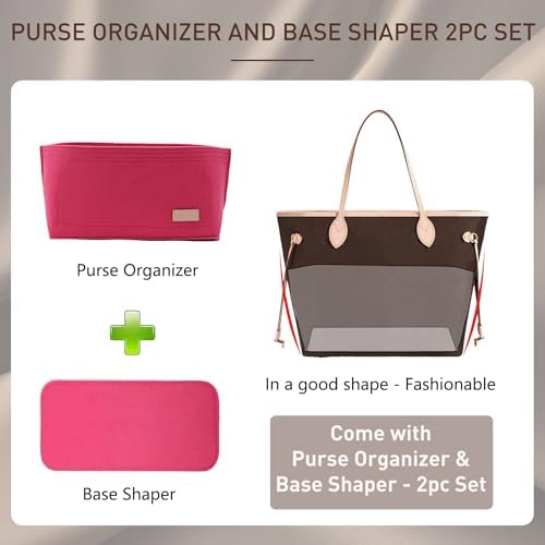 Doxo Purse Organizer Insert for Handbags & Base Shaper 2pc Set, Felt Neverfull GM Organizer Insert, Tote Bag Organizer with Zipper Pocket and Bottle Holder, Fit Neverfull GM and More, Rose-XL