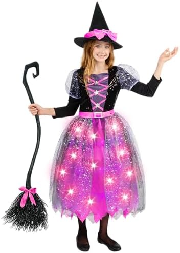 Spooktacular Creations Witch Costume Kids, Light Up Halloween Costumes Witch Dress with Hat and Broom for Girls, Sweet Wizard Set for Scary Halloween Themed Parties, Pink