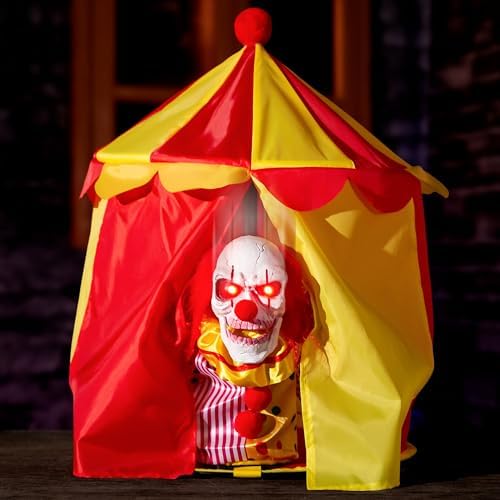 Halloween Animatronic Clown Circus Tent Decoration Creepy Peek-a-Boo Clown with Red Light-Up Eyes Scary Voice & Moving Head Haunted Carnival Horror Prop for Graveyard Porch Garden Party Decor