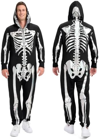 Tipsy Elves Men's Halloween Skeleton Costume Hooded Jumpsuit Adult Onesie