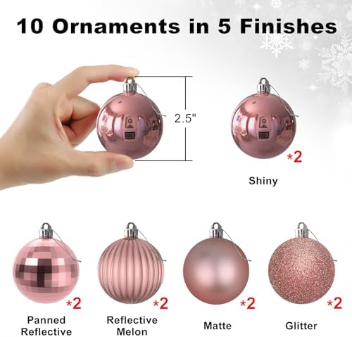 Rose Gold 2.5" Christmas Balls Christmas Tree Decoration Ornaments Shatterproof Hanging Balls for Birthday Halloween Holiday Wedding Decorations Set of 10pcs