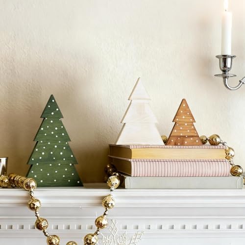 DAZONGE Christmas Decor, Set of 3 Wooden Tabletop Christmas Tree Decorations Sign, Farmhouse Neutral Freestanding X-mas Tree for Home Mantel Shelf Office