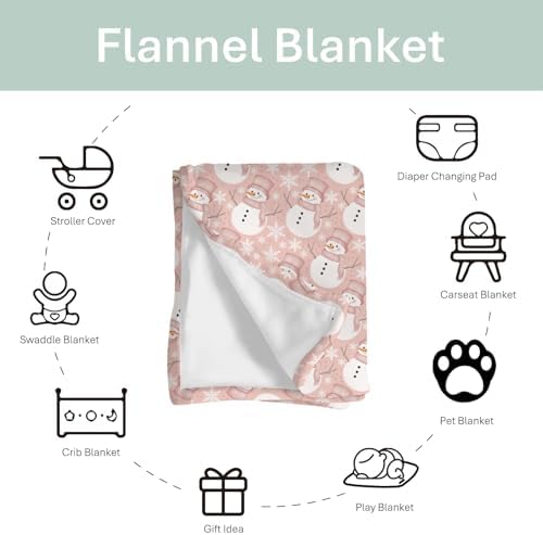 Watercolor Pink Snowman Baby Blankets for Girl Christmas Snowman Snowflakes Girly Soft Flannel Swaddle Receiving Blankets for Infant Toddler Crib Winter Holiday Nursery Bed Blanket 40x50inch