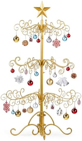 VINGLI 3ft Wrought Iron Christmas Tree w/80 Branch Tips, 3-Tier Metal Display Stand for Gifts, Box, Ornament Display Tree Suit for Holiday, Party, Home Decor, Indoor & Outdoor Decor Hanger, Gold