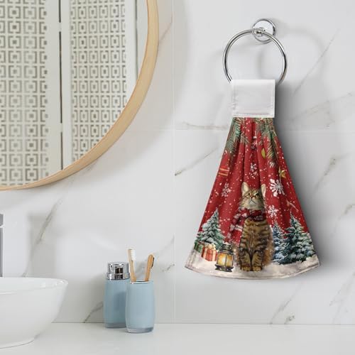2 Pcs Red Xmas Cat Hanging Kitchen Towels with Loop Cute Kitten Snowflakes Winter Holiday Kitchen Tie Towels Fast Drying Dish Towel Soft Absorbent Hand Towel for Farmhouse Bathroom Decor