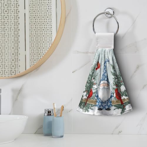 Winter Gnome Kitchen Hanging Towels Set of 2 Xmas Snowflake Pine Tree Cardinal Hand Towels with Hanging Loops Tea Bar Dish Cloths Dry Towel Soft Absorbent Bath Tie Towel for Bathroom