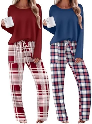 Ekouaer 2 Pack Womens Pajama Sets Long Sleeve Long Pants Pjs Loungewear