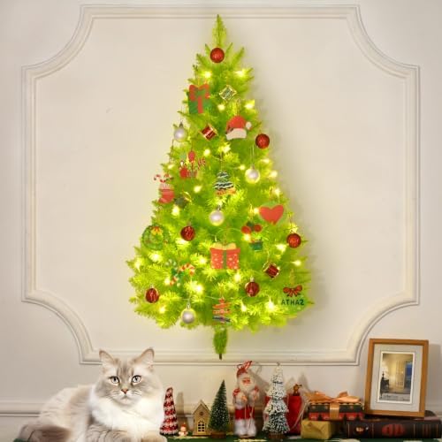 3 FT Wall Christmas Tree, Lime Green Half Christmas Tree Hanging, DIY 1/2 Chrismas Tree for Window with Lights, Ornaments and Hooks, Hainging Xmas Tree for Door, Pet Owners Xmas Decor