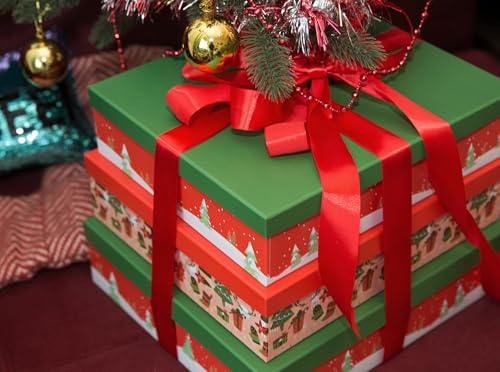 Soul & Lane - Large Christmas Gift Boxes with Lids, Set of 3, Red and Green