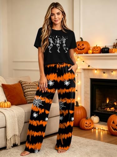 Skull Sets for Women Halloween Bloody Shirts Dancing Skeleton 2 Pc Set