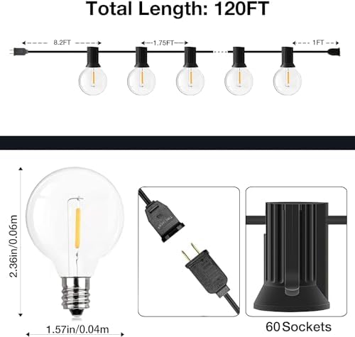 GPATIO 120FT Outdoor String Lights, Waterproof Patio Lights with 64 Hanging Lights Globe G40 Bulbs, 2700k Shatterproof for Backyard Outside Decor