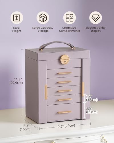 Lolalet Large Jewelry Box, 6-Layer Jewelry Organizer with 5 Drawers -Purple