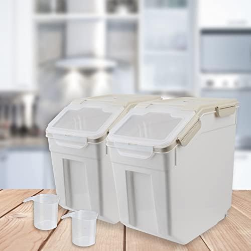 4 Pack Grain Food Storage Container, 20LB Airtight Rice Bin Storage Bucket with Spoon and Measuring Cup, Large Flour Dispenser Container Set 80LB Total Capacity, Grey