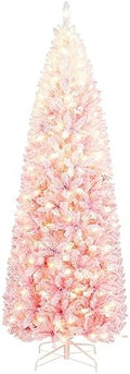 Yaheetech 7.5ft Pre-lit Snow Flocked Pencil Christmas Tree, Pink Gradient