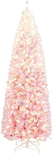 Yaheetech 7.5ft Pre-lit Snow Flocked Pencil Christmas Tree, Pink Gradient
