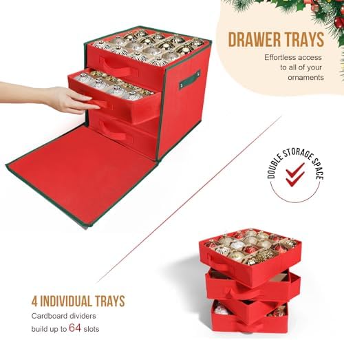 Premium Christmas Ornament Storage Box Keeps 64 3" & 4 Individual Trays ﻿