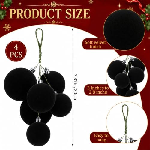 Roowest 4 Sets Large Black Velvet Christmas Ball Clusters Ornaments Decor