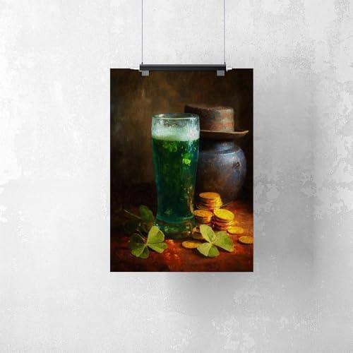 JDBeehpy St. Patrick's Day Green Beer Lucky Coins Still Life Fashion Minimalist (Unframed, Canvas Only) Canvas Wall Art Classic Irish Holiday Festival Aesthetic Pictures Farmhouse 20x30inch(50x75cm)