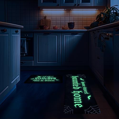 Halloween Kitchen Mat Set of 2 Not All Witches Live in Salem Decorative Glow in The Dark Kitchen Rugs, Luminous Party Home Floor Mats for Indoor Outdoor Decorations-17x27 and 17x47 Inch