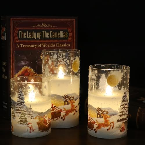 Santa Claus Glass Flameless Candles Battery Operated Remote and Timer Real Wax LED Flickering Pillar Candles White Cold Light Window Christmas Holiday Decor D3 x H4, 5", 6"