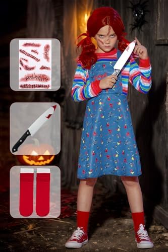 BesserBay Girl's 4PC Halloween Costume Horror Killer Dress Up Mock Two-Piece Blue Stripe 2-12 Years